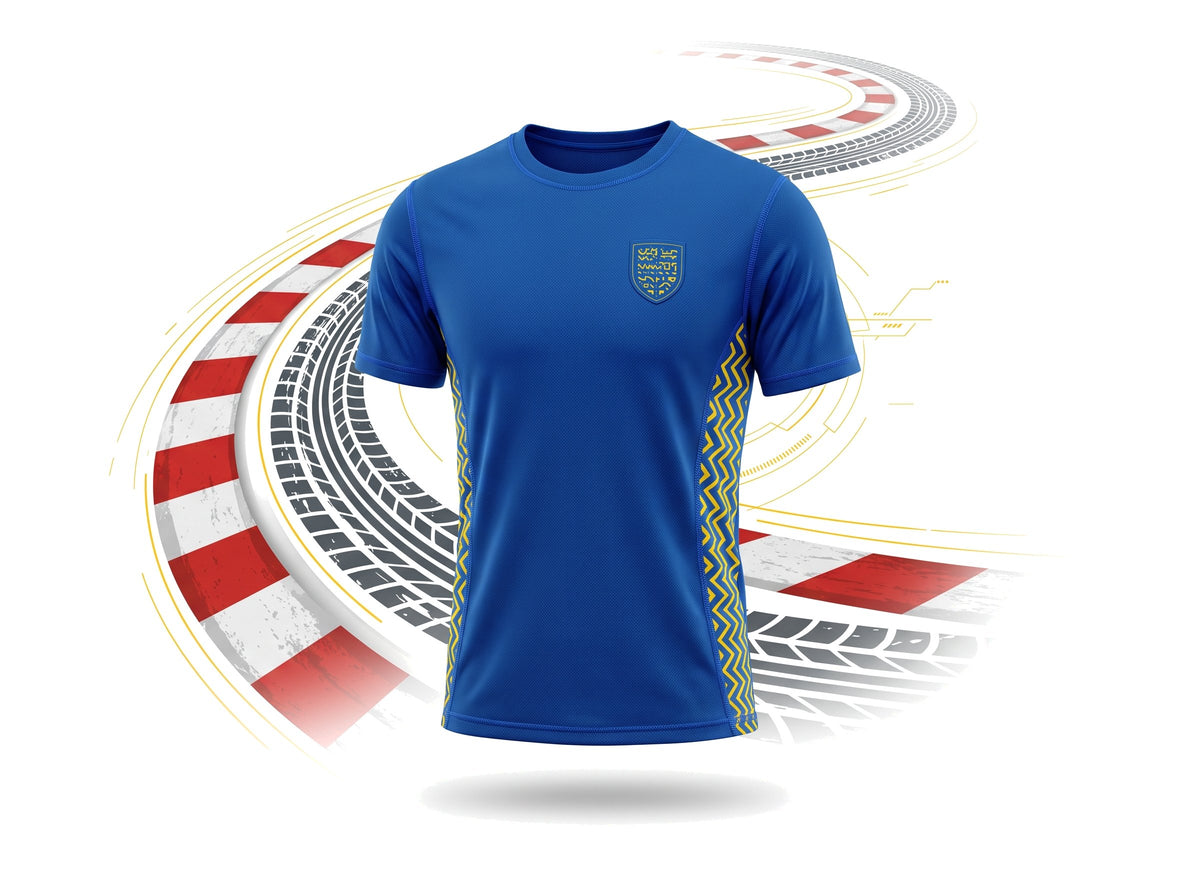 Freigestelltes Laufshirt mit grafischen Rennstrecken-Streifen (KI-generiert)