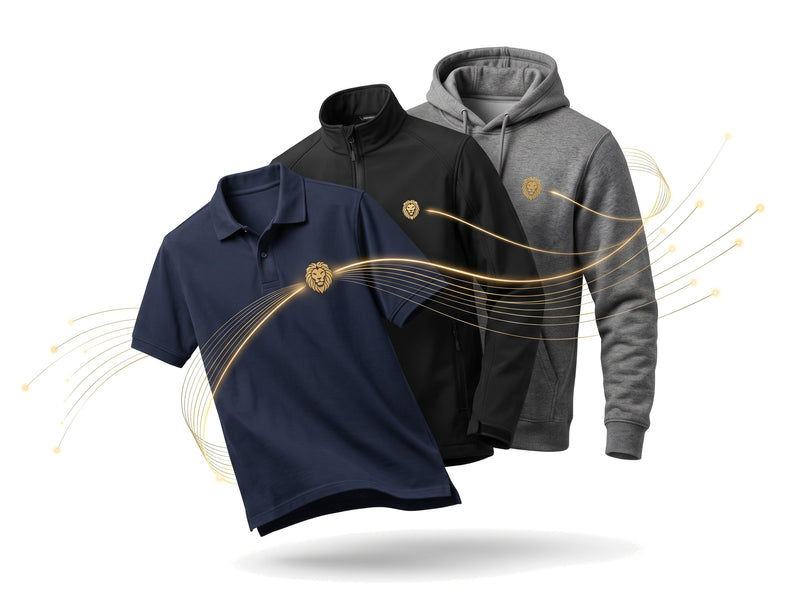 Freigestelltes Firmenkleidungs-Set aus Poloshirt, Softshelljacke und Hoodie mit Logo (KI-generiert)