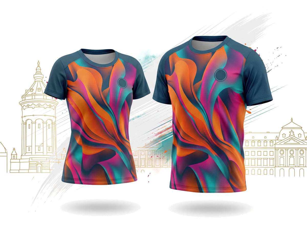 Freigestelltes Team-Laufshirt mit goldener Stadtsilhouette als Linienzeichnung (KI-generiert)