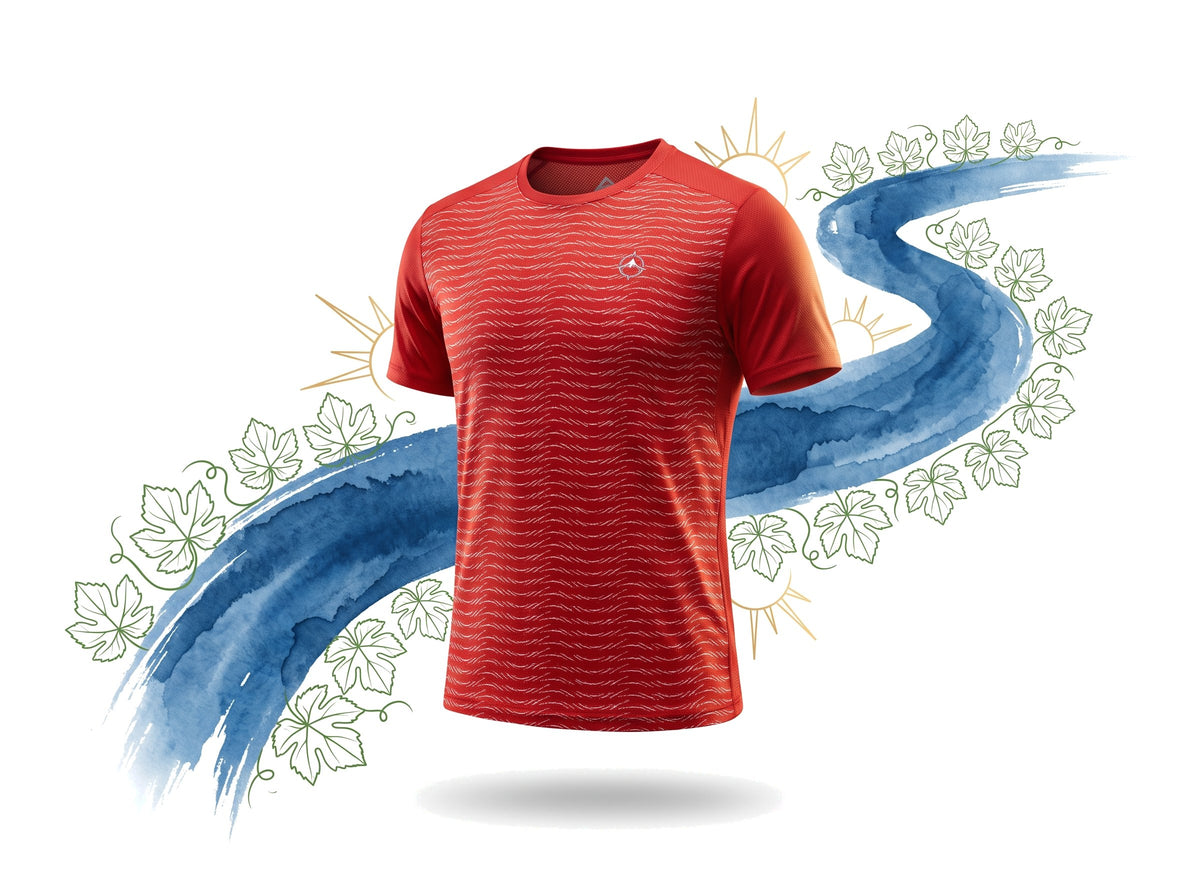 Freigestelltes rotes Laufshirt mit grafischem Flusslauf und Weinblättern (KI-generiert)