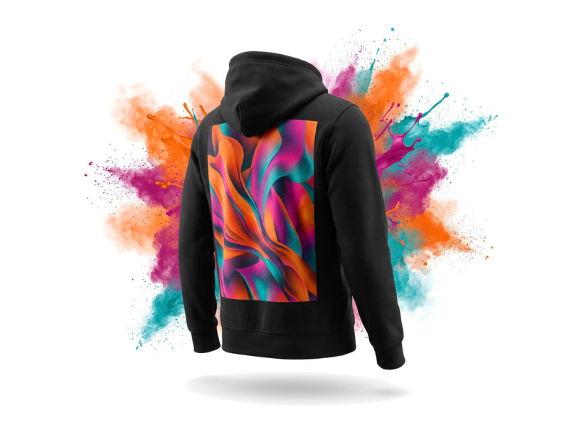 Freigestellter Hoodie mit großem farbigem Rückendruck vor einer Farbexplosion (KI-generiert)
